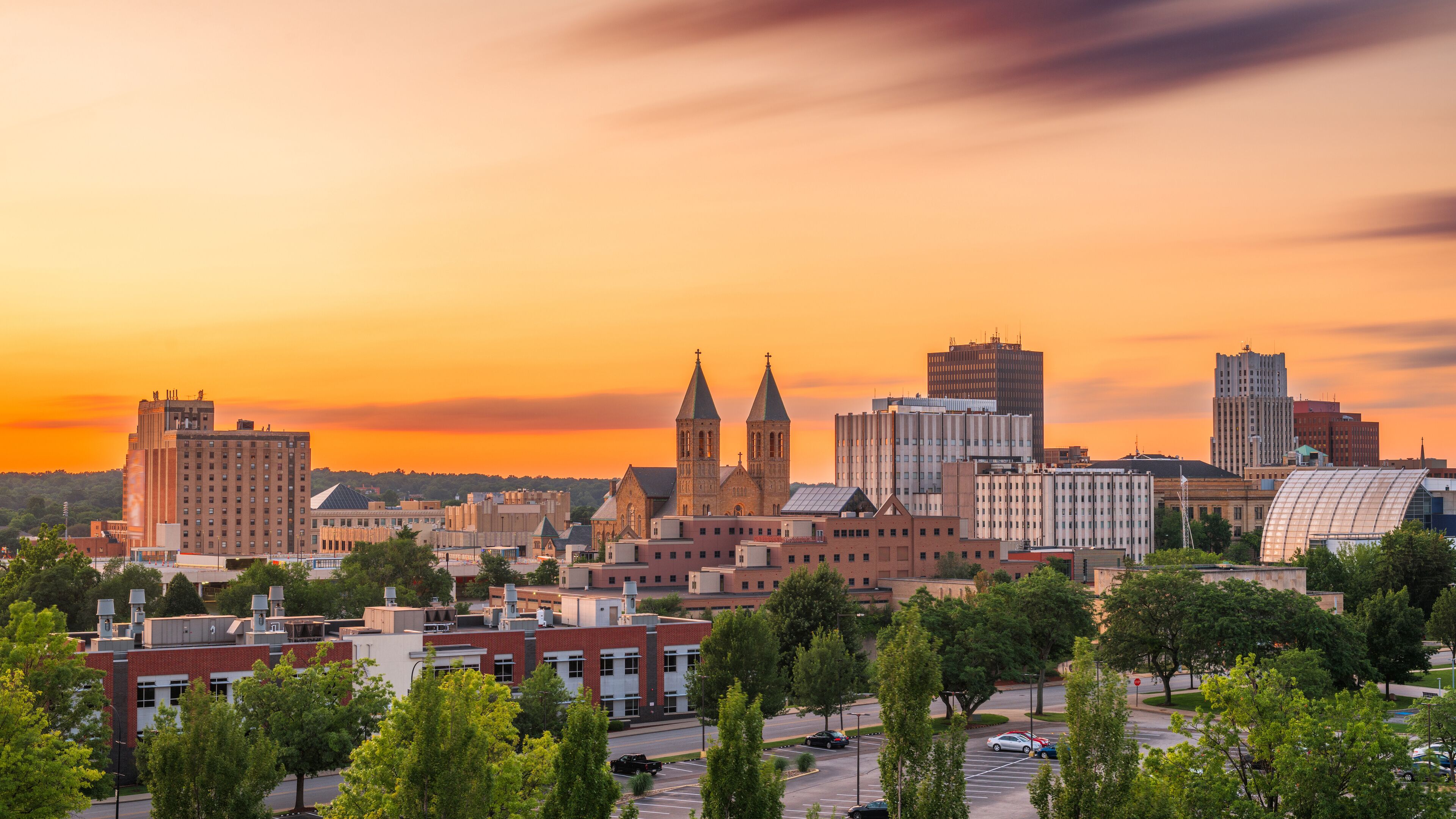 Akron city skyline at sunset
